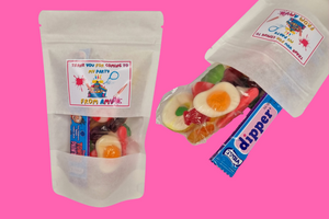 Party Sweet Pouches with gummy sweets and chew bar