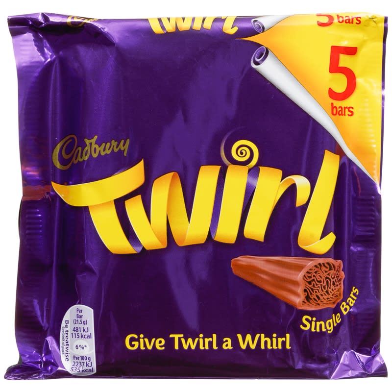 Cadburys Twirl Multipack chocolate bar packaging showing a single bar with twisty appearance, predominantly purple and yellow color scheme.