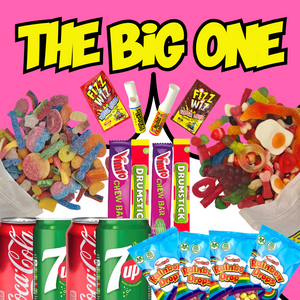 Assorted candy and soda products with 'The Big One' text on a pink background